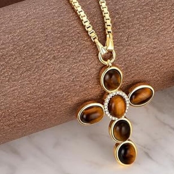 Neiman Marcus 18k Gold Plated Tiger Eye Cross Necklace - Picture 3 of 4